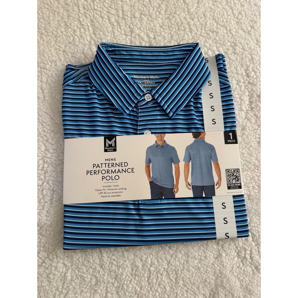 Member's Mark Patterned Performance Polo Mens Size S Blue Striped New With Tags